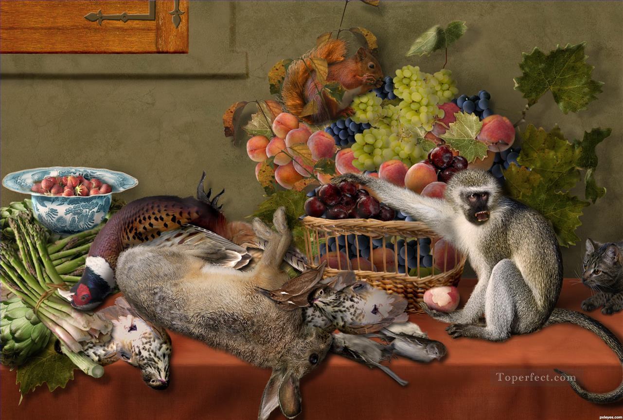 フルーツ ゲーム野菜と生きた猿リスと猫のある静物油絵